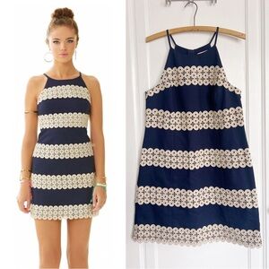 Lilly Pulitzer • Annabelle Shift Dress gold lace applique True Navy blue cotton